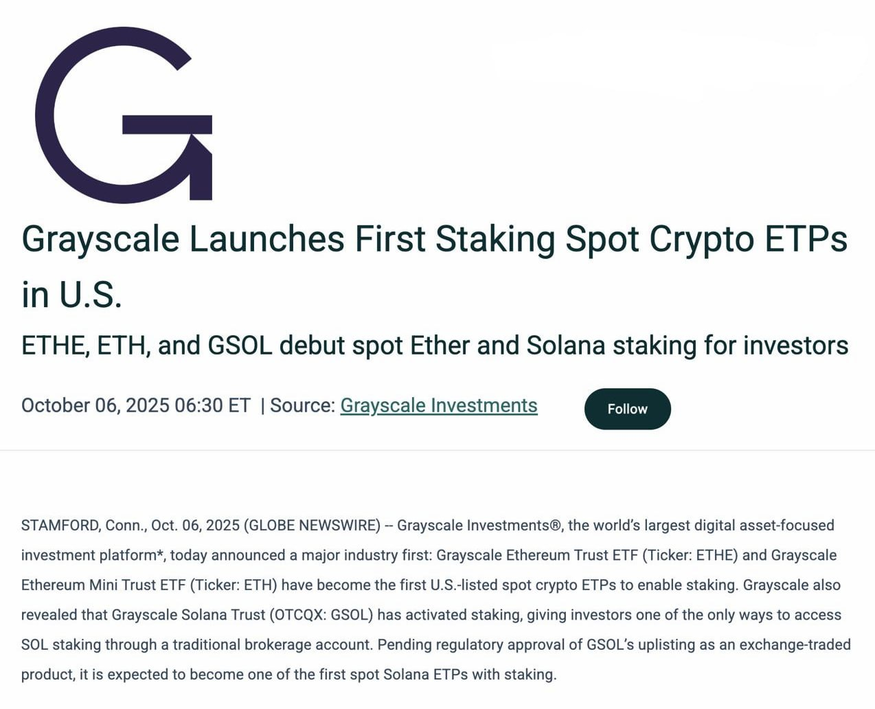 Grayscale запускает первые в США спотовые Ethereum и Solana ETF с функцией стейкинга